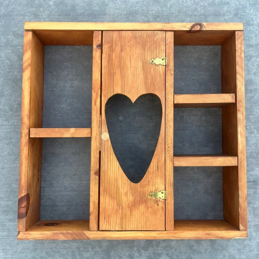 Vintage Rustic Wooden Heart Cutout Shadow Box Wall Shelf Curio Display Case